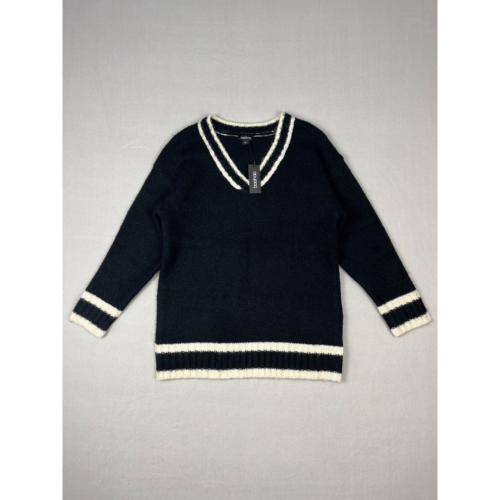 Boohoo Deep V Knitted Cricket Jumper Womens S Black White Oversized Sweater